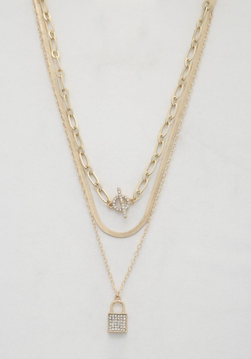 SODAJO LOCK CHARM FLAT SNAKE CHAIN LAYERED NECKLACE