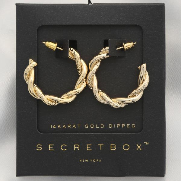 SECRET BOX TWISTED OPEN HOOP 14K GOLD DIPPED EARRING
