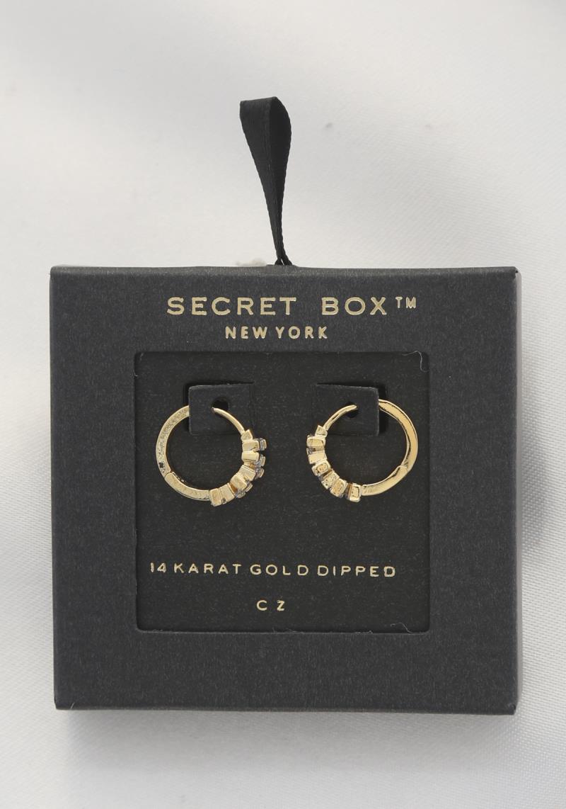 SECRET BOX CRYSTAL EDGE 14K GOLD DIPPED HUGGIE EARRING