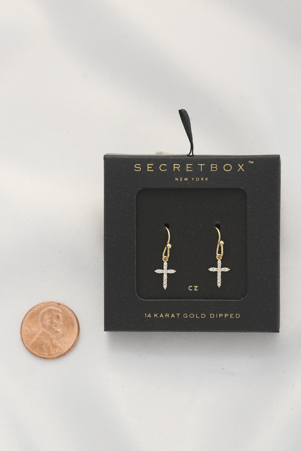 SECRET BOX DAINTY CROSS 14K GOLD DIPPED EARRING