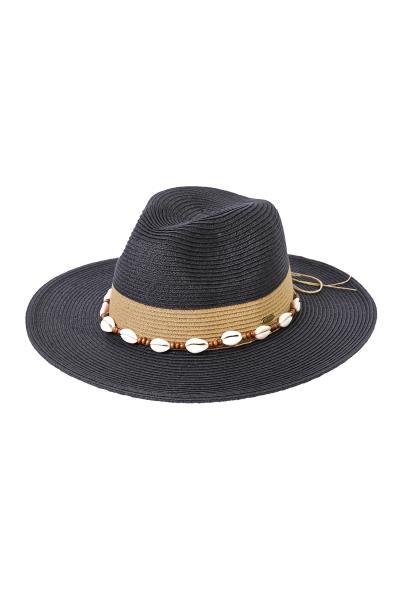 CC TWO-TONE COLOR BLOCK PANAMA SUN HAT WITH SHELL AND WOOD BEAD TRIM BAND