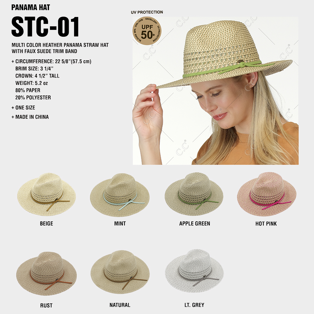 CC MULTI COLOR HEATHER PANAMA STRAW HAT WITH FAUX SUEDE TRIM BAND