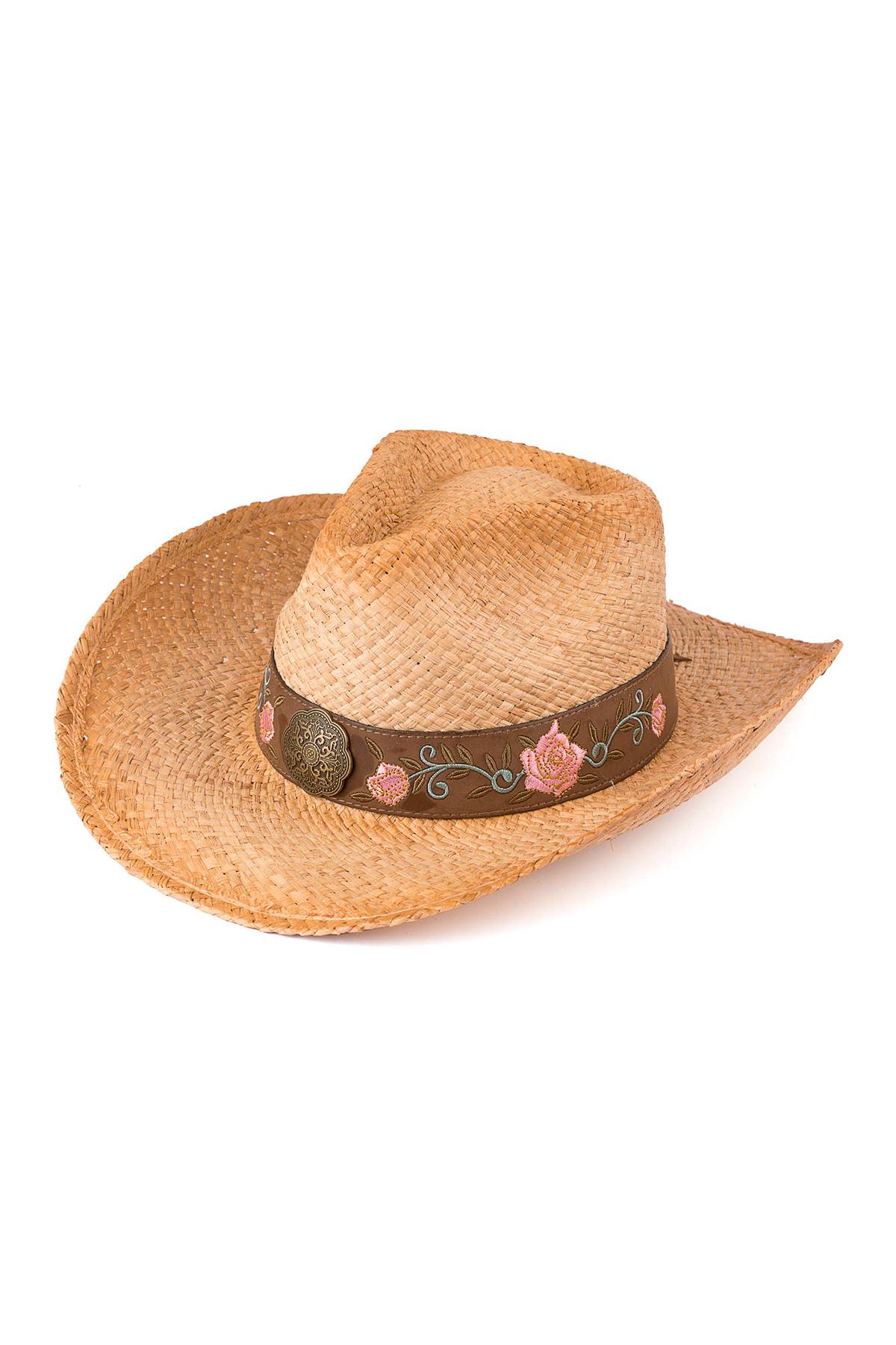CC TEA STAINED RAFFIA COWBOY HAT WITH ROSE EMBELLISHMENT ON THE BAND TRIM