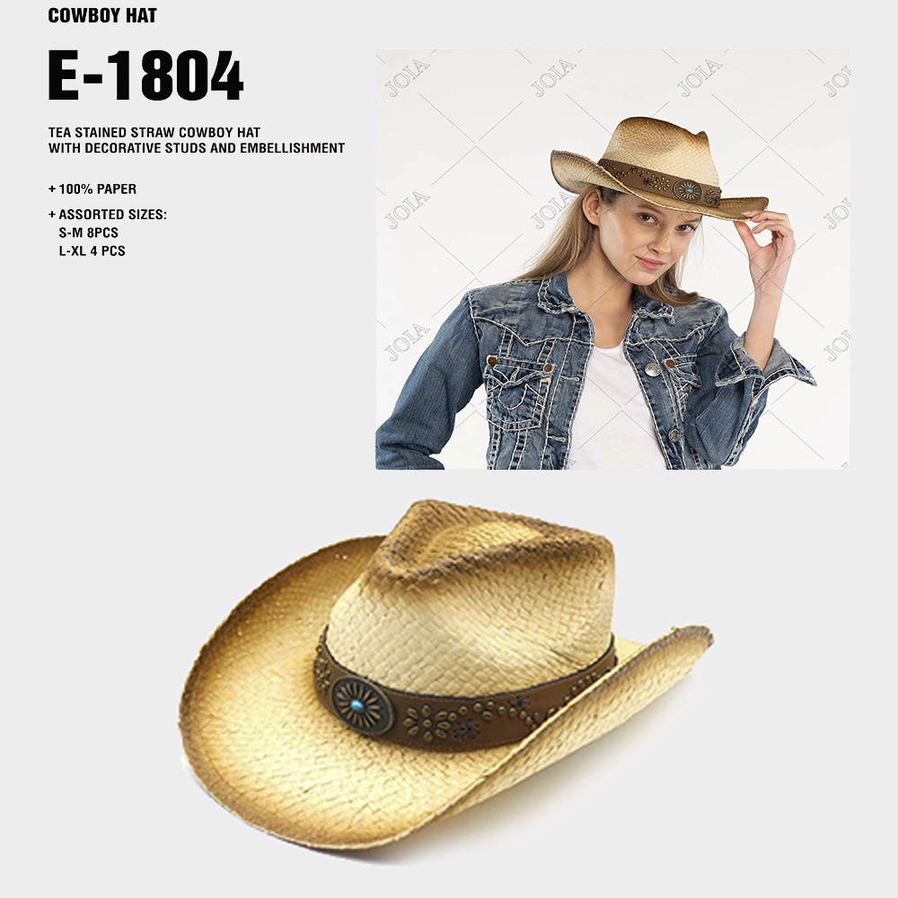 CC TEA STAINED STRAW COWBOY HAT WITH DECORATIVE STUDS AND EMBELLISHMENT