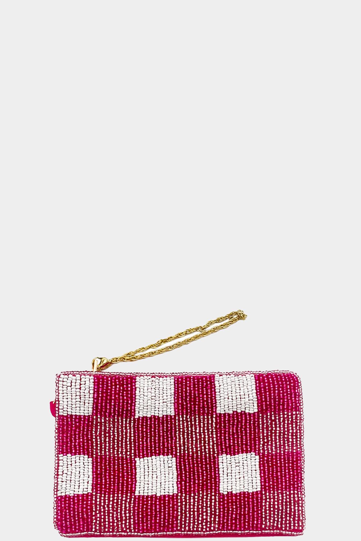 BEADED CHECK PATTERN POUCH