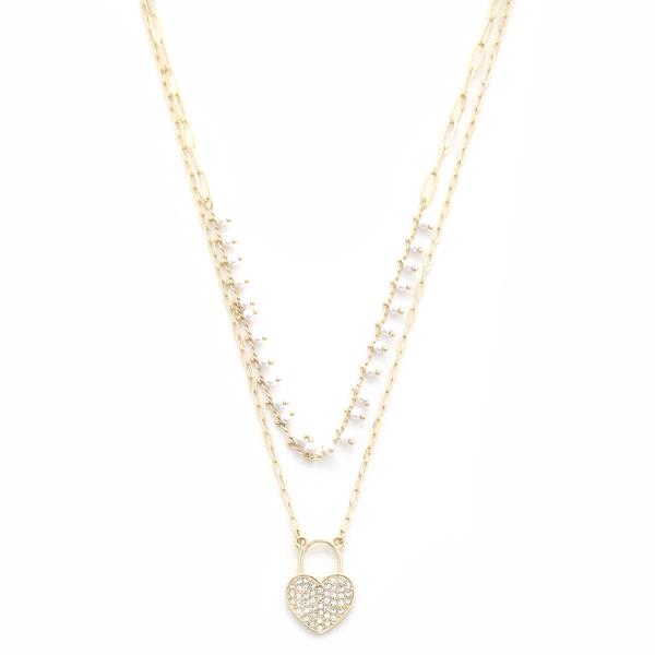 HEART CHARM PEARL BEAD LAYERED NECKLACE