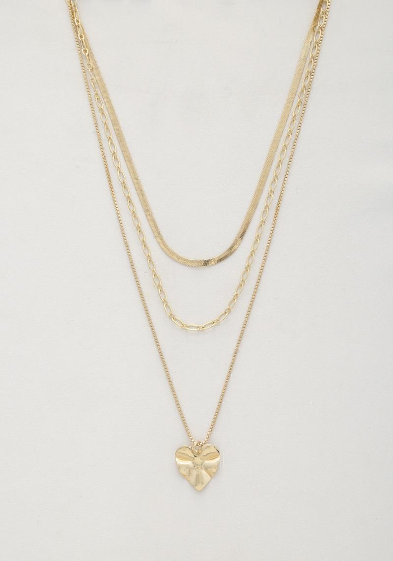 SODAJO HEART CHARM FLAT SNAKE LINK LAYERED NECKLACE