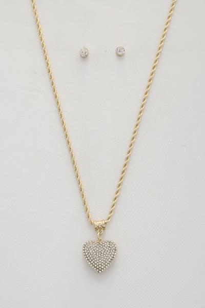PUFFY HEART RHINESTONE ROPE LINK NECKLACE