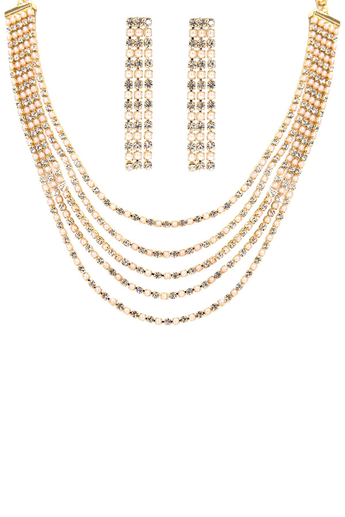 RHINESTONE PEARL 5 LINE NECKLACE AND EARRING SET