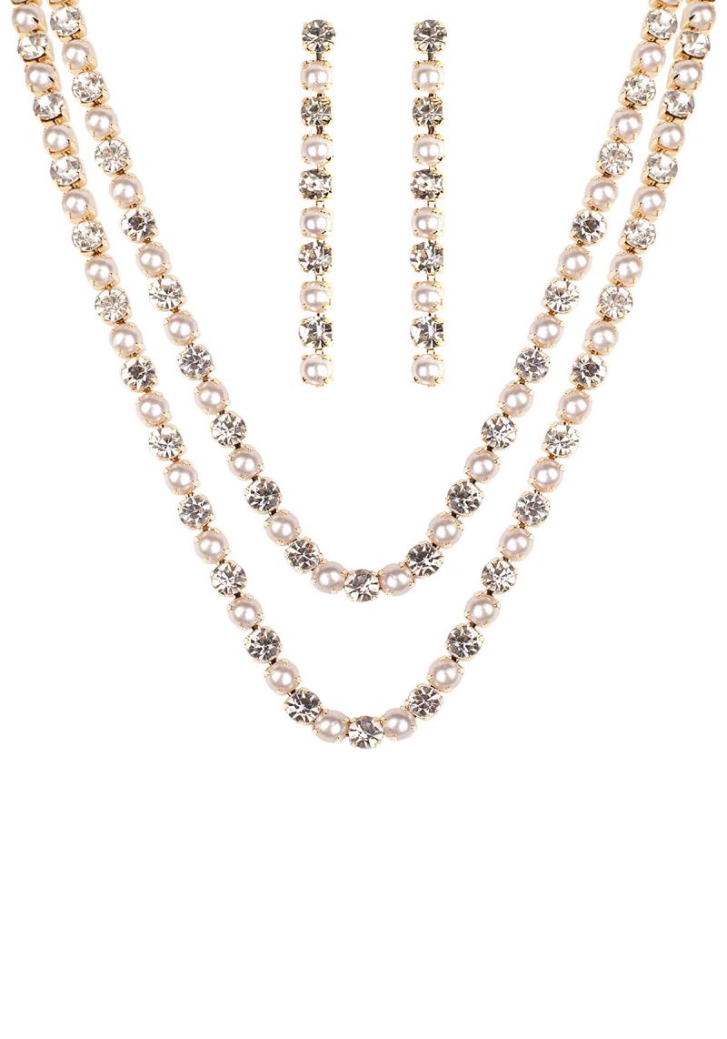 RHINESTONE PEARL 2 LINE NECKLACE AND EARRING SET