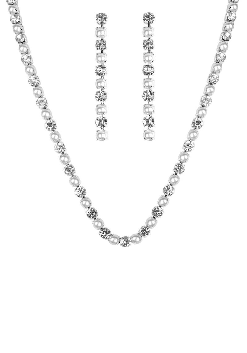 RHINESTONE PEARL 1 LINE NECKLACE AND EARRING SET