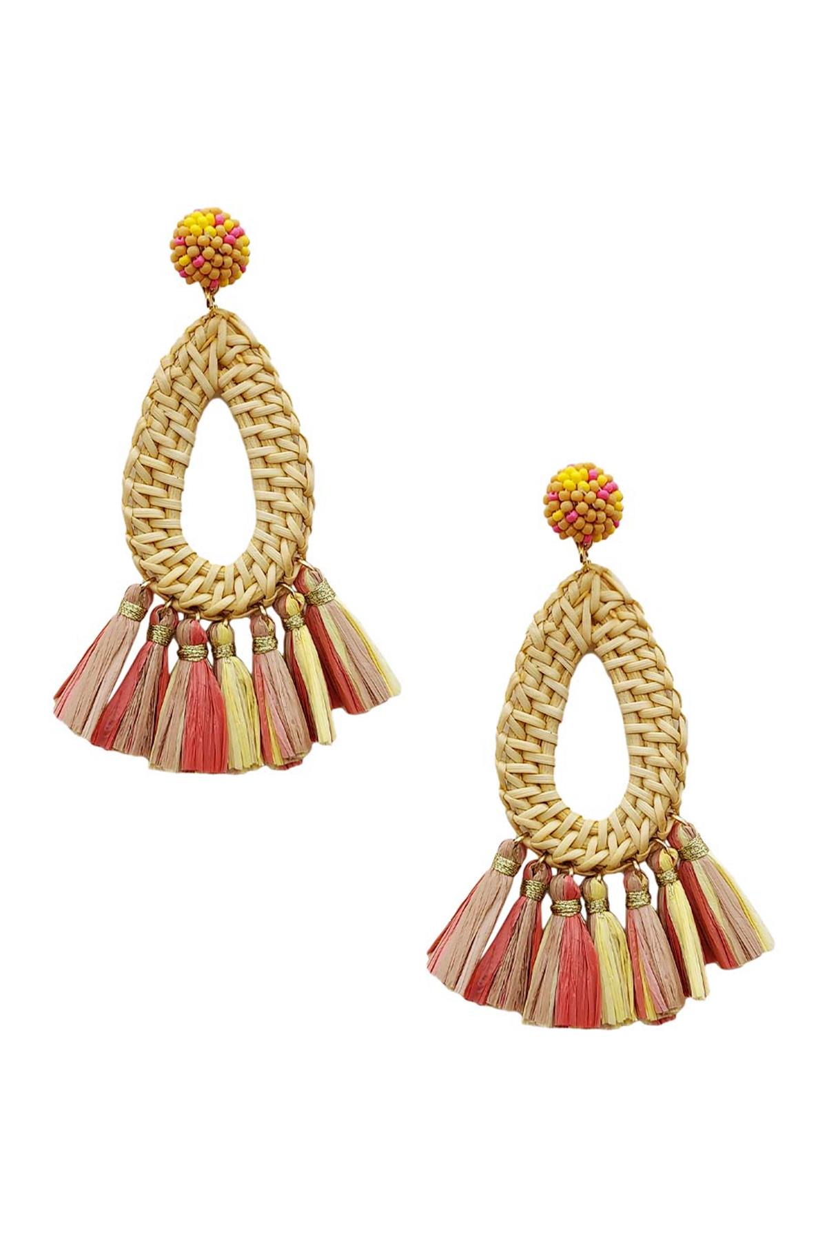 RATTAN W/RAFFIA TASSEL EARRING