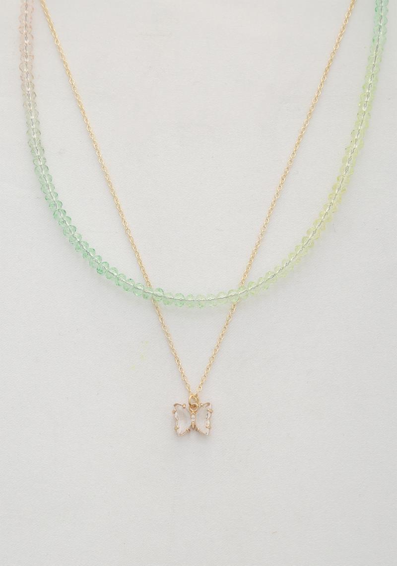 2 LAYERED METAL BEAD BUTTERFLY PENDANT NECKLACE