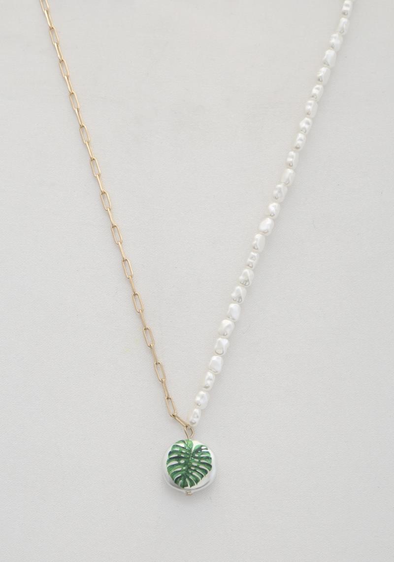 FLOWER PRINT PEARL BEAD OVAL LINK NECKLACE