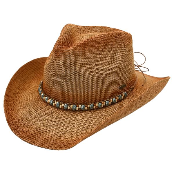 CC GRADIENT SPRAY COWBOY HAT WITH TINY TURQUOISE METAL CHARM & WOODEN BEADS WRAP TRIM BAND