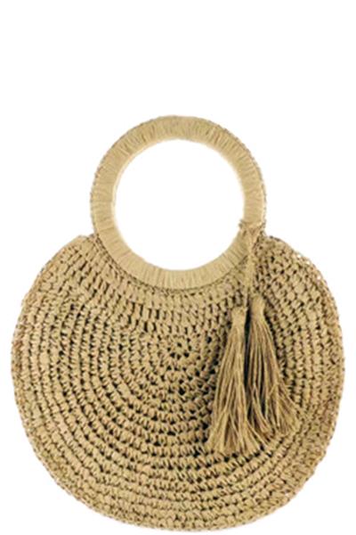 CHIC TASSEL ROUND ALL OVER STRAW ZIPPER HANDLE BAG