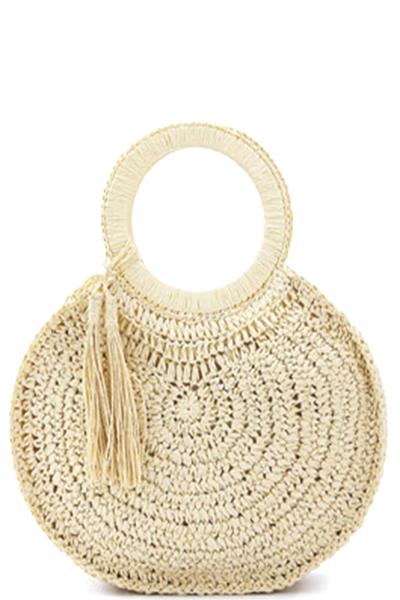 CHIC TASSEL ROUND ALL OVER STRAW ZIPPER HANDLE BAG