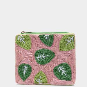 TROPICAL LEAF PATTERN SEED BEAD COIN PURSE