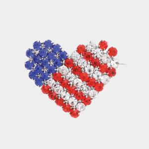 RHINESTONE AMERICAN FLAG HEART BROOCH PIN