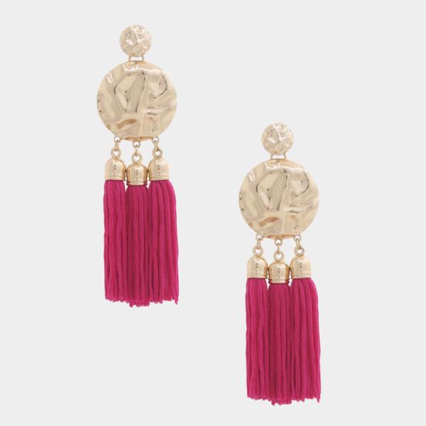 HAMMERED DISC TRIPLE TASSEL DANGLE EARRING
