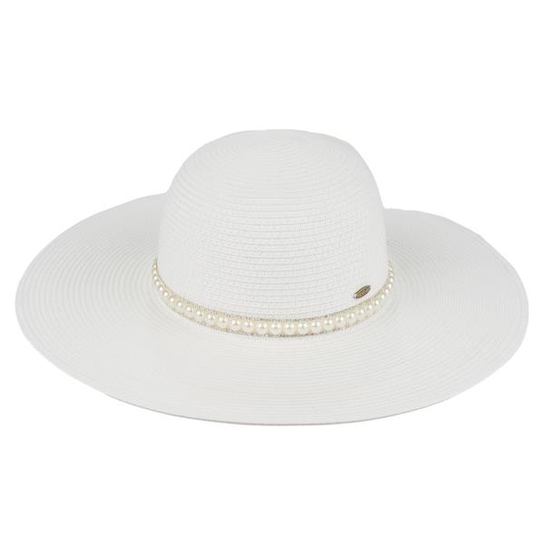 CC PAPER STRAW WIDE BRIM SUNHAT WITH PEARL TRIM BAND