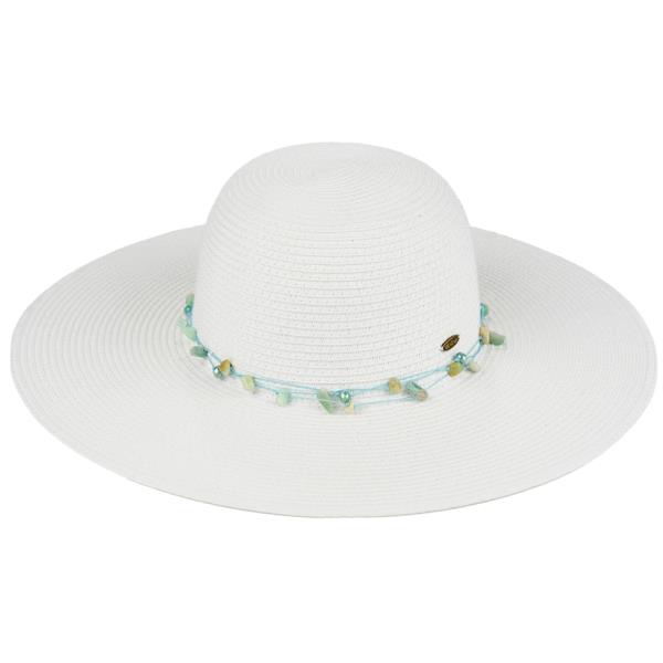 CC PAPER STRAW WIDE BRIM SUNHAT WITH GEM STONE STRING TRIM BAND