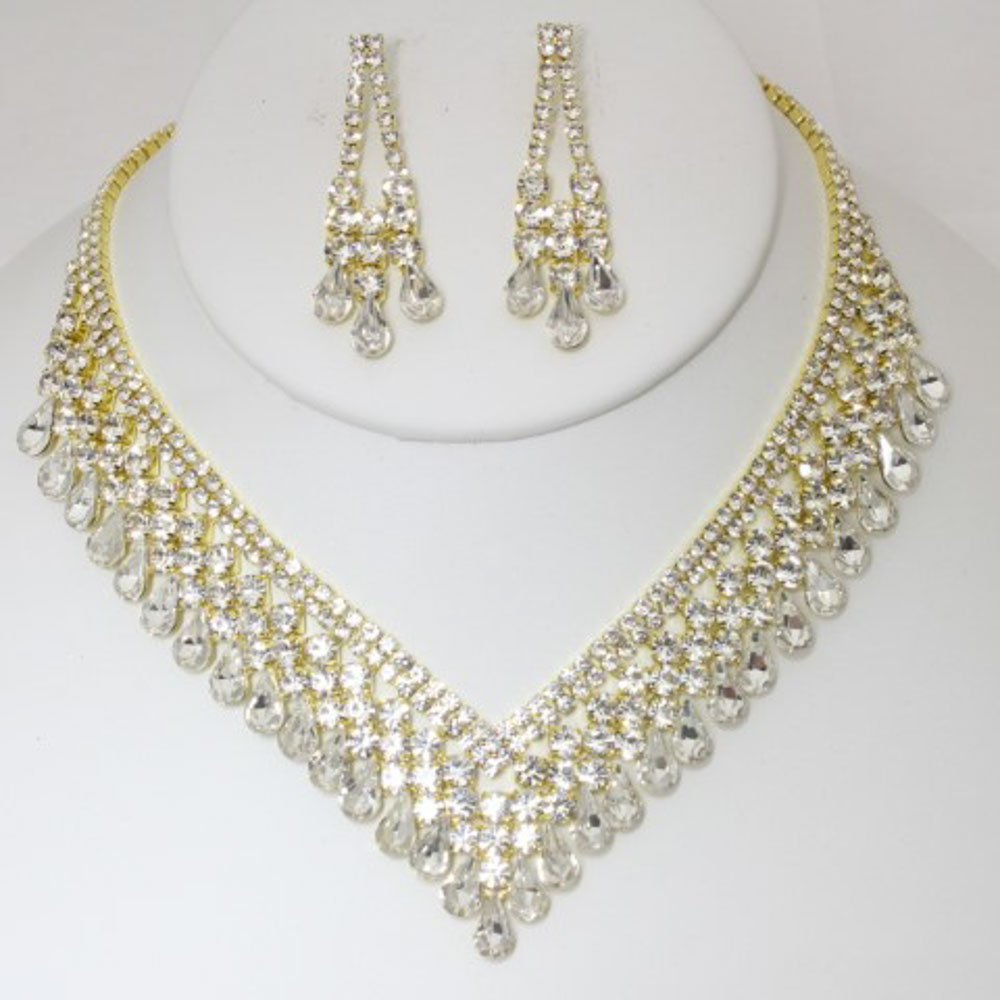 RHINESTONE V NECKLACE EARRING SET