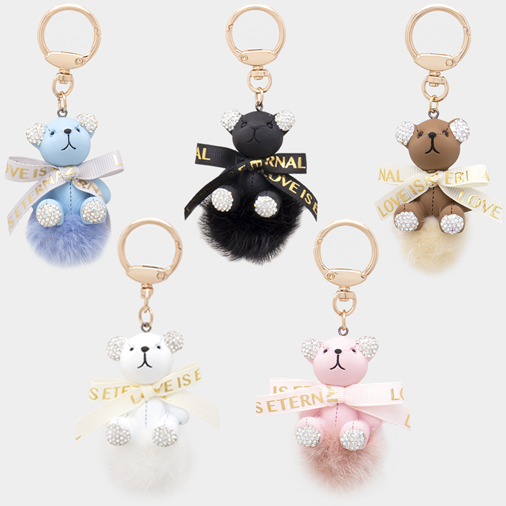 RHINESTONE CUTE BEAR RIBBON FUR KEY CHAIN