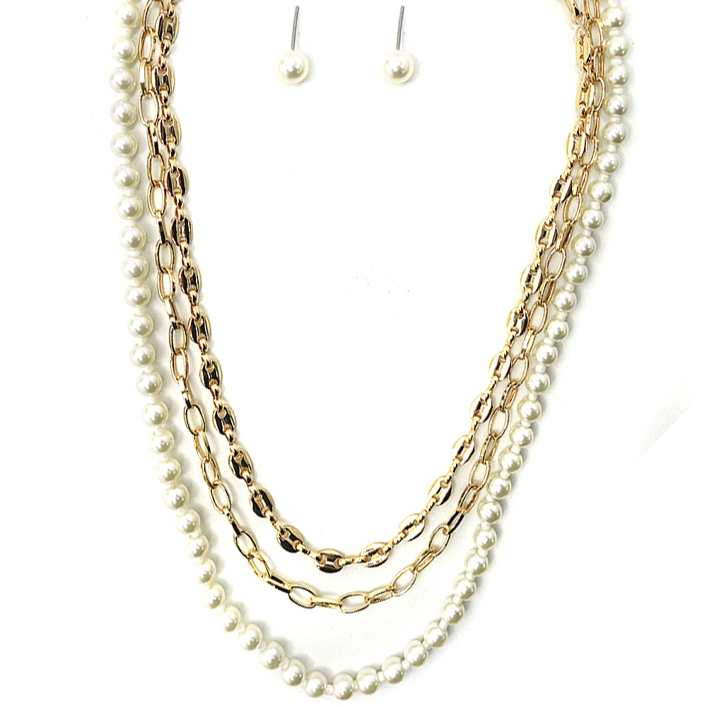LAYER PEARL W SEED BEADS NECKLACE EARRING SET