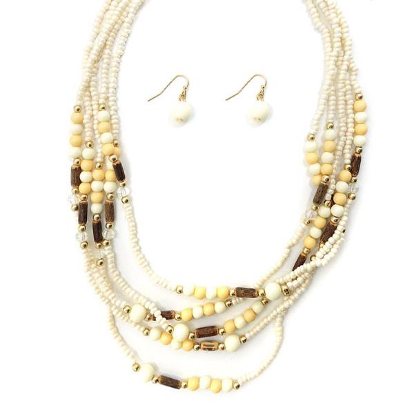 LAYERED WOOD & SEED BEAD NECKLACE EARRING SET