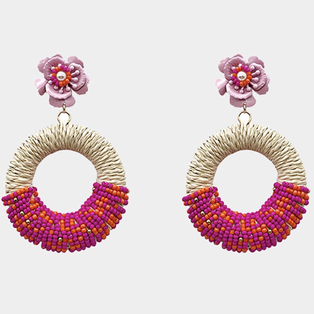 RAFFIA WITH BEADS FLOWER DANGLE EARRING