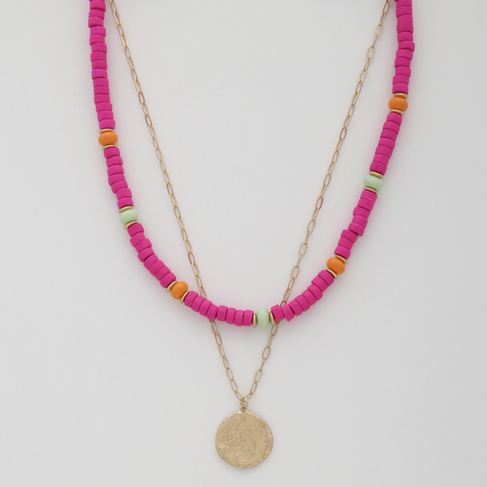 COIN WOOD BEAD LAYERED NECKLACE