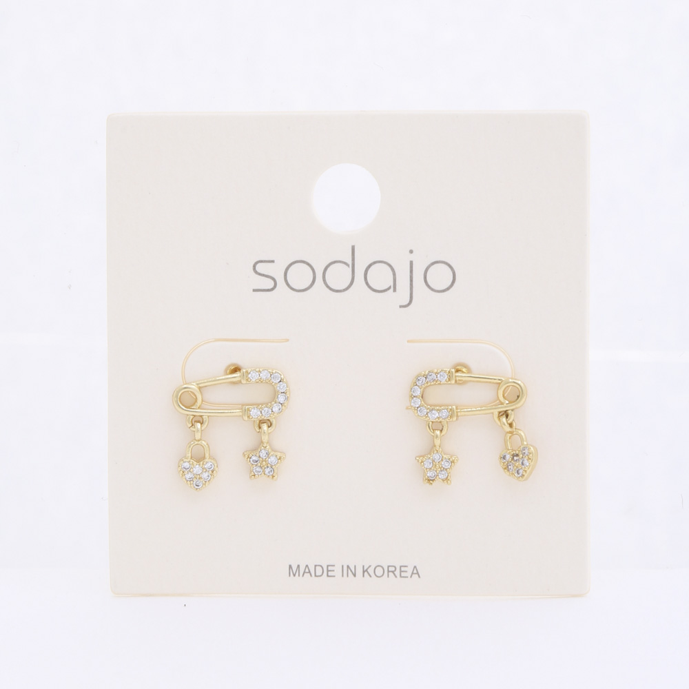 SODAJO SAFETY PIN STAR HEART CHARM EARRING