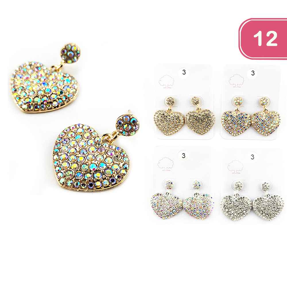 FASHION RHINESTONE HEART DANGLE EARRING (12 UNITS)