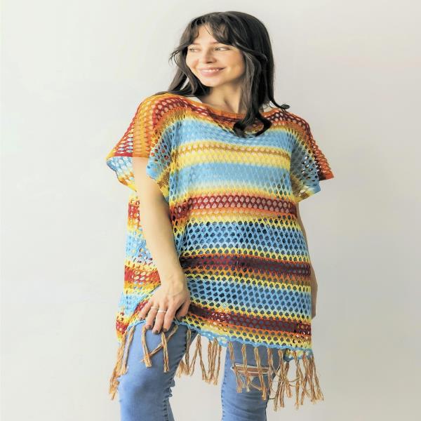 COLOR BLOCK OPEN WEAVE PONCHO WITH TASSELS