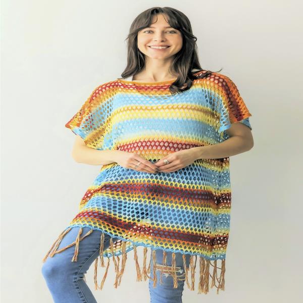 COLOR BLOCK OPEN WEAVE PONCHO WITH TASSELS