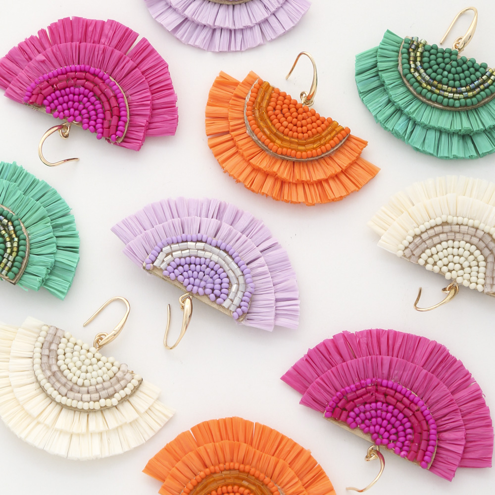 SEED BEAD RAFFIA FAN DANGLE EARRING