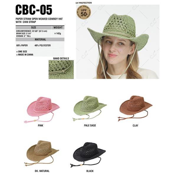 CC PAPER STRAW OPEN WEAVED COWBOY HAT WITH CHIN STRAP