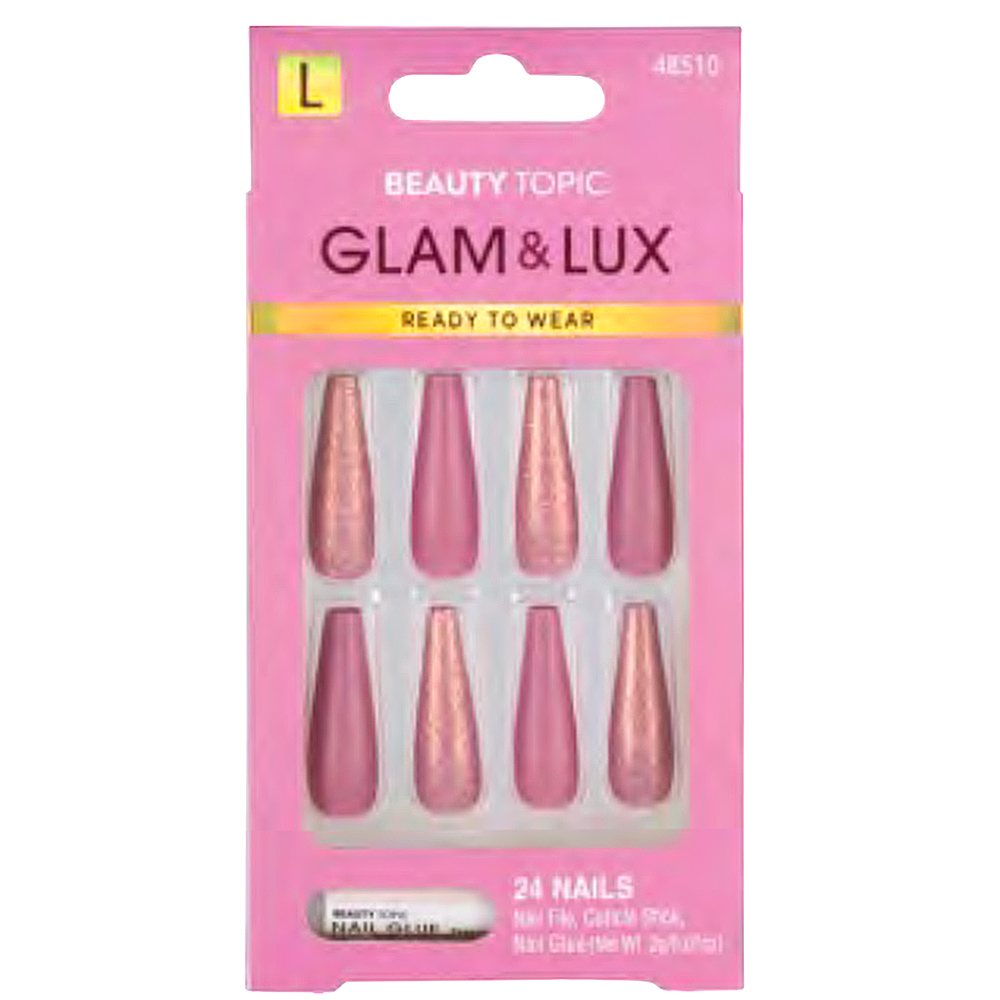 BEAUTY TOPIC GLAM AND LUX LONG COFFIN DUSTY ROSE GLITTER NAIL DECORATION SET