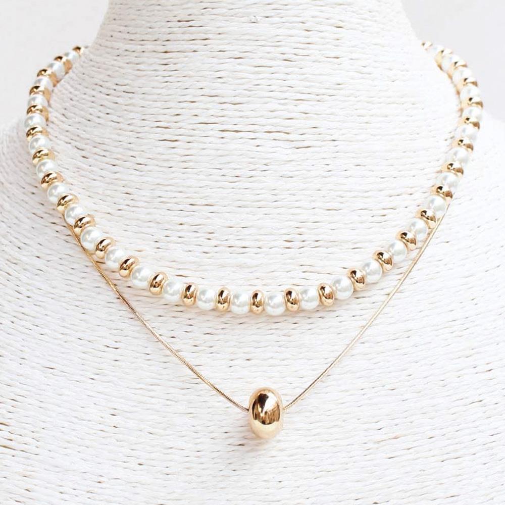 METAL BALL PEARL BEADED LAYERED NECKLACE