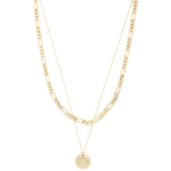 ROUND PENDANT FIGARO LINK LAYERED NECKLACE