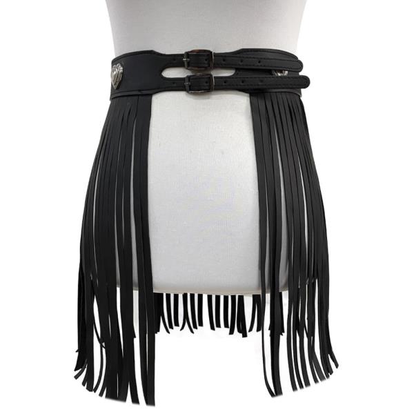 DOUBLE BUCKLE HEART CONCHO MIDI FRINGE SKIRT BELT