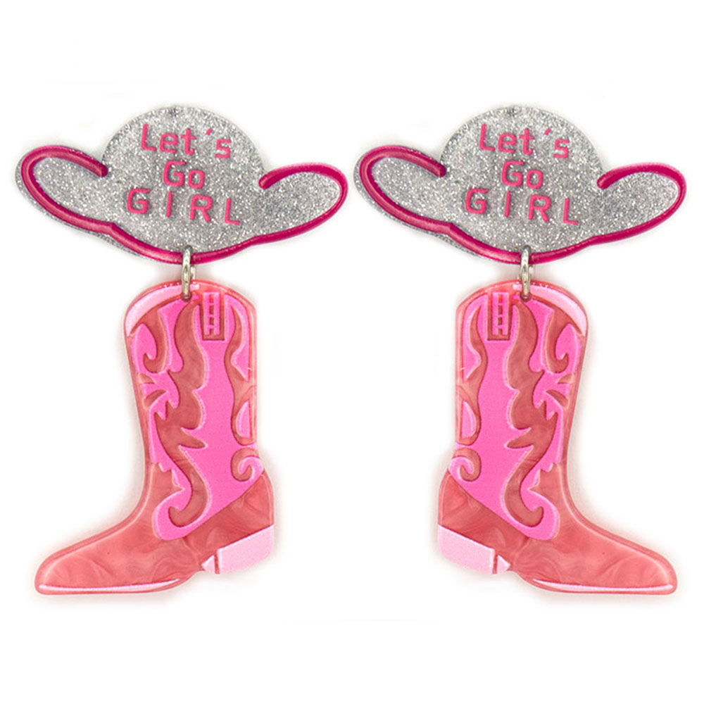 LETS GO GIRL WESTERN STYLE COWBOY HAT BOOTS DANGLE EARRING