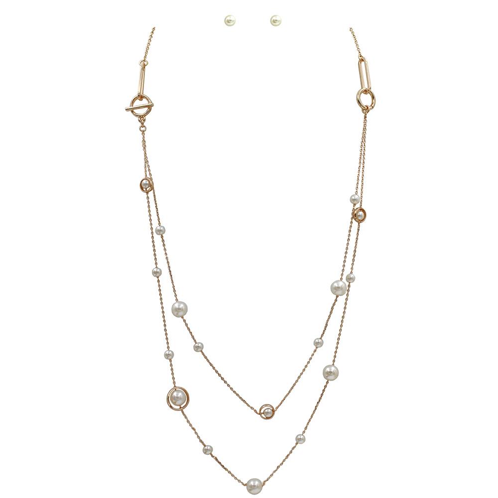 PEARL BEAD METAL LAYERED NECKLACE