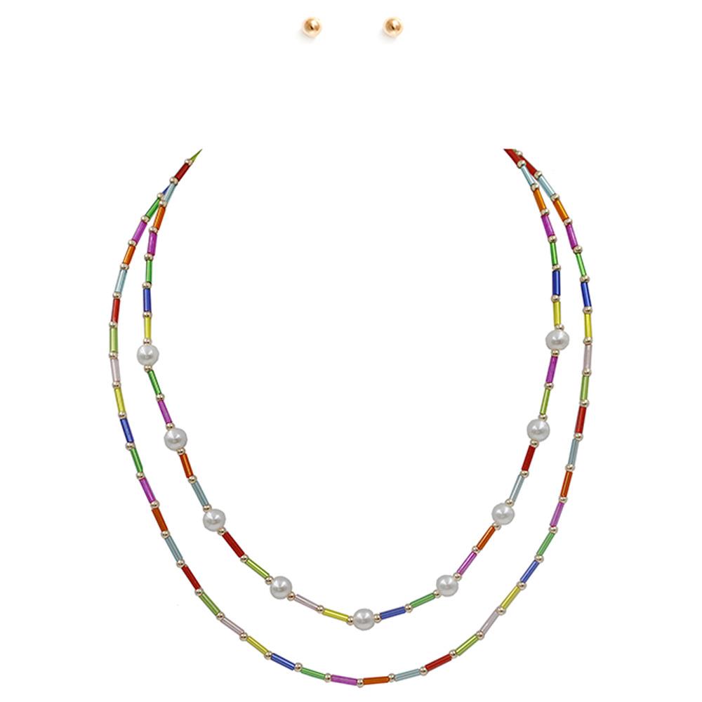 COLORFUL BEAD PEARL LAYERED NECKLACE