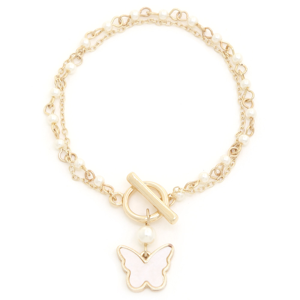 BUTTERFLY CHARM PEARL BEAD TOGGLE CLASP BRACELET