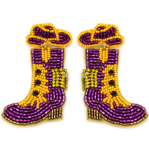 SEED BEAD COLLEGIATE GAME DAY COWGIRL HAT & BOOTS DANGLE EARRING