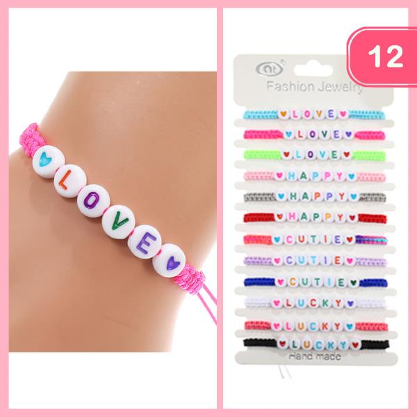 LOVE HAPPY LUCKY BEAD PULL CORD BRACELET (12 UNITS)