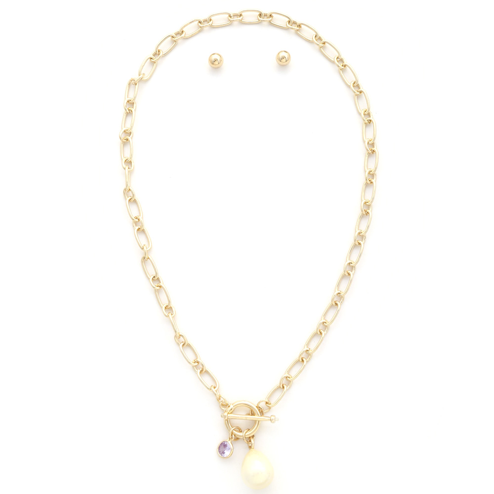 PEARL BEAD CRYSTAL TOGGLE CLASP PAPERCLIP LINK NECKACE