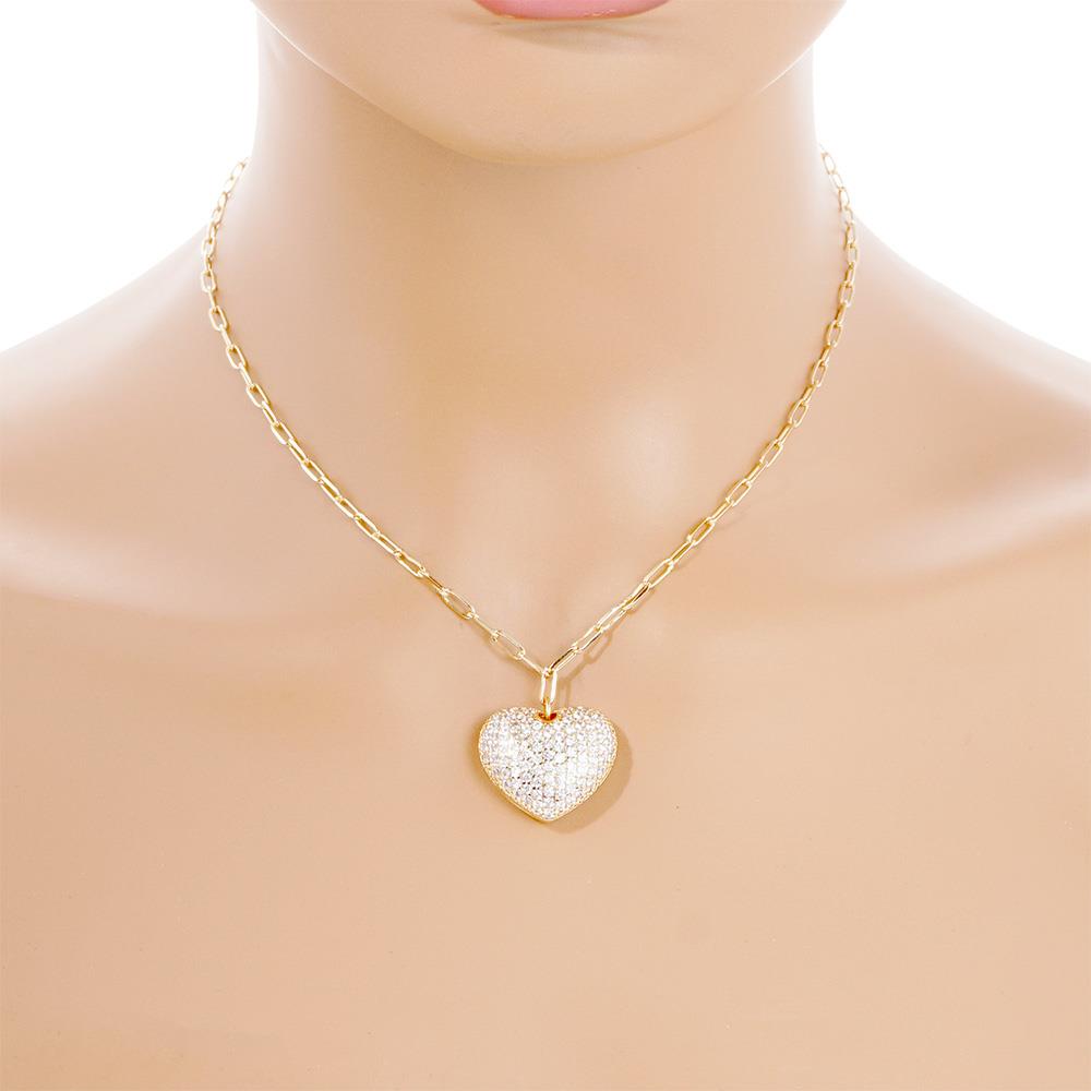 PUFFY HEART CHARM PAPERCLIP LINK NECKLACE